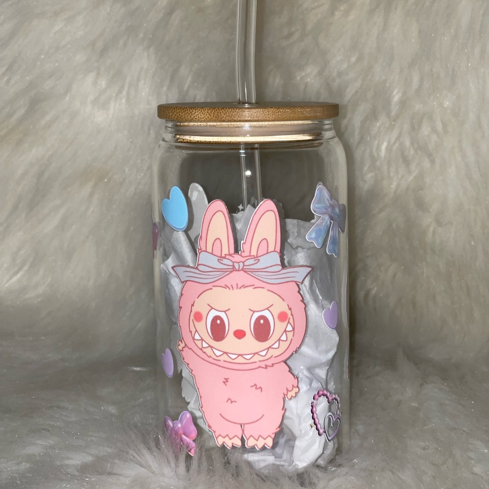 Cute Pink La Bubu Glass Jar with Straw
